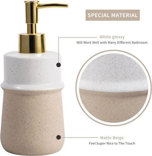 Miniatura 3 de Dispensador de jabón de cerámica beige para cocina, bomba dispensadora de manos recargable, dispensador de loción de 12 onzas para baño para jabón