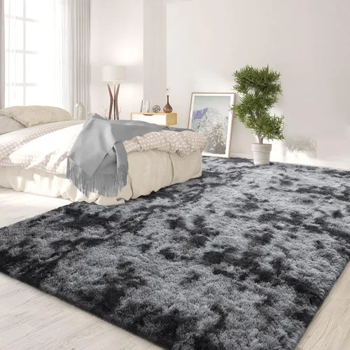 Miniatura 3 de FlyDOIT Alfombras Grandes para Sala de Estar, 5x8 Pies Alfombra Shaggy Teñida con Tie-Dye Gris Oscuro, Alfombras Mullidas Tipo Manta, Alfombras