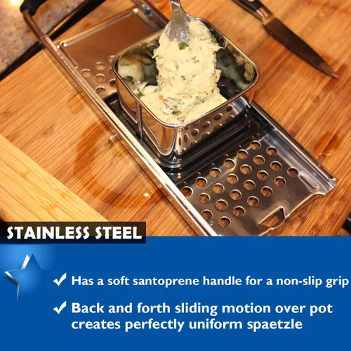 Miniatura 8 de KEISSCO Spaetzle Maker de acero inoxidable con mango de agarre cómodo, juego de herramientas para hacer albóndigas de huevo alemán tradicional