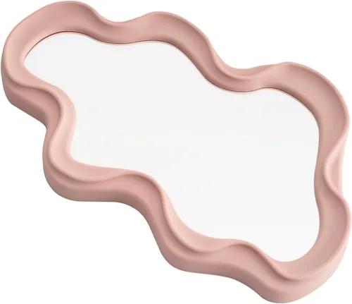 Miniatura 8 de Espejo de pared decorativo pequeño y funky – Diseño ondulado asimétrico rosa, espejo colgante para dormitorio, baño, entrada, forma moderna
