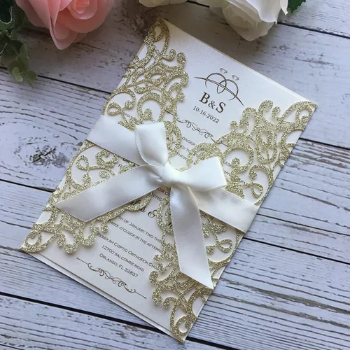 Miniatura 2 de Kit de invitaciones de boda de 5.12 x 7.28 pulgadas, 20 unidades de champán en blanco, con purpurina, cortadas con láser, tarjetas de invitación