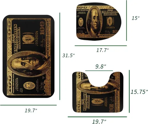Miniatura 2 de GUBIYU Juego de alfombras de baño de 100 dólares, color negro y dorado, juego de alfombras de baño con dinero, tapete de baño antideslizante