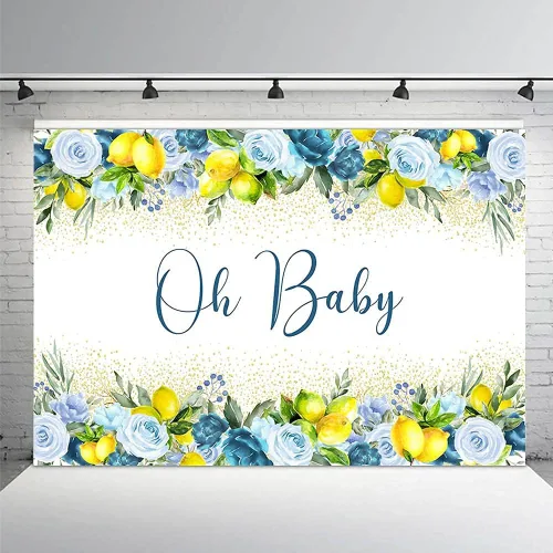 MEHOFOND Telón de fondo de baby shower de limón de 7 x 5 pies para niño Oh Baby Blue Floral Lemonade Background Party Banner Decoración de mesa para