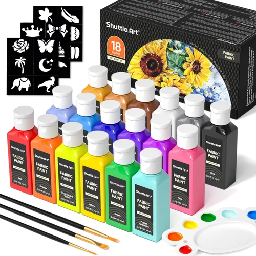 Miniatura 10 de Pintura para tela, Shuttle Art 30 colores permanentes de pintura suave para tela en botellas (60 ml/2 oz) con pinceles, paleta, plantillas, pintura