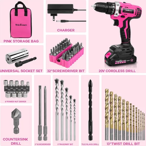 Miniatura 13 de Juego de taladro inalámbrico rosa, juego de taladro eléctrico de iones de litio de 20 V para mujer con 67 puntas de destornillador, portabrocas sin