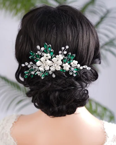 Miniatura 8 de Peine de pelo con diamantes de imitación de cristal azul plateado, perlas, lágrima, diamantes de imitación, diadema de boda para mujeres y niñas