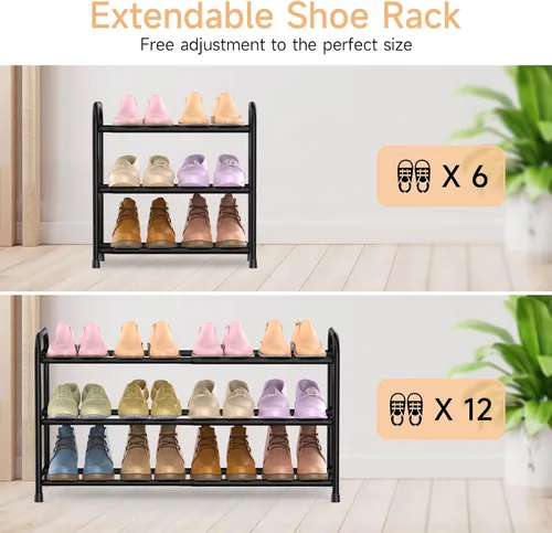 Miniatura 3 de Zapatero expandible de 3 niveles para el suelo del armario, organizador de zapatos pequeño ajustable de 16 a 30 pulgadas para entrada, puerta