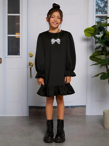 Miniatura 4 de WDIRARA Vestido de manga con volantes y cuello redondo y estampado de lazo para niña