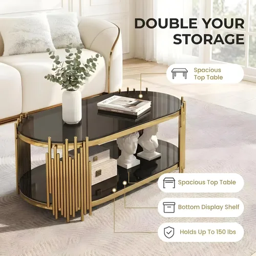 Miniatura 5 de 2-Tier Gold Glass Coffee Table, Modern Oval Coffee Table with Clear Tempered Black Shelves and Stainless Steel Frame, Luxury Center Tables for