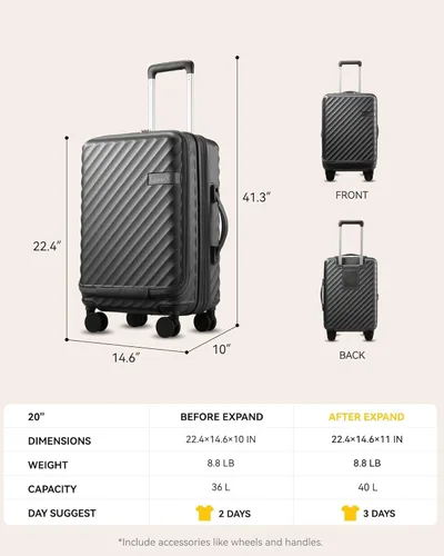 Miniatura 8 de KVF - Maleta de mano con compartimento frontal y portavasos, maleta rígida de policarbonato expandible con bolsillo frontal