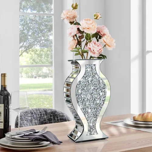 Miniatura 2 de ALLARTONLY Jarrón de Espejo con Diamante Triturado de Cristal Plateado Impresionante Florero Decorativo de Lujo para Decoración del Hogar. No Puede