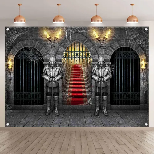 Miniatura 2 de Telón de fondo medieval de caballero de 7 x 5 pies, para fotografía, castillo, entrada, arcos, antorchas, fondo de mazmorra, Halloween, noche