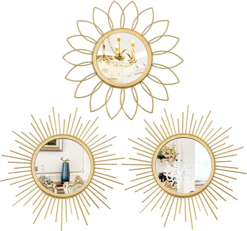 Miniatura 19 de Paquete de 3 espejos metálicos para pared, con diseño de rayos de sol, para decoración del hogar, arte decorativo para colgar en la pared para sala