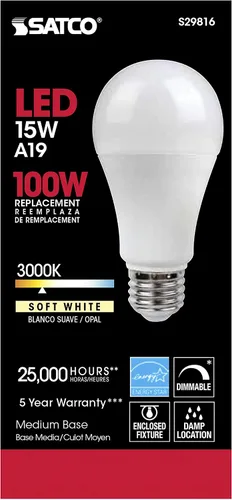 Miniatura 3 de Satco Lighting S29816 - Bombillas LED regulables A19 de 15 W, esmeriladas, 3000 K, base media E26, ángulo de haz de 220 grados, 120 voltios