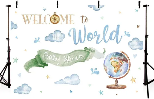 Miniatura 3 de Fondo de bienvenida al mundo de 7 x 5 pies, tema de aventura mundial, decoración de baby shower, fotografía en acuarela, fondo para sesión de fotos