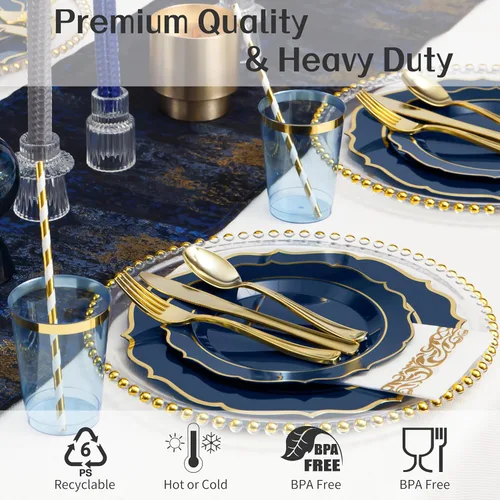 Miniatura 4 de 200 piezas de platos de plástico azul premium para 25 invitados, plato desechable azul y dorado de alta calidad, incluye 25 platos de cena/postre