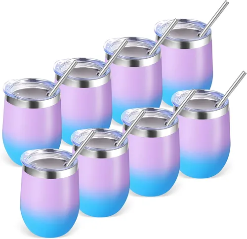 Miniatura 19 de Volhoply - Juego de 12 vasos de vino de 12 onzas con tapa, hechos de acero inoxidable con aislamiento al vacío de doble pared, vasos de vino sin Rosa