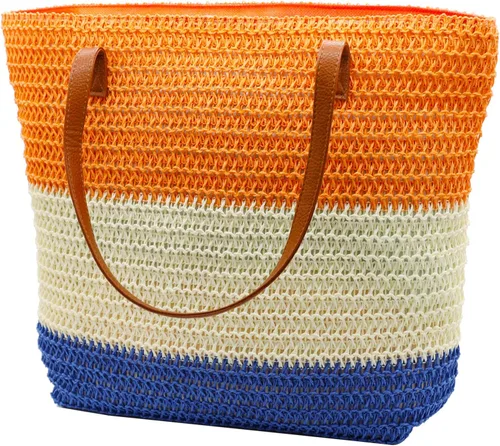 Miniatura 16 de Bolso grande de paja para mujer, tejido de ratán, bolso de playa de verano, a rayas