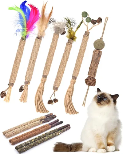 Miniatura 11 de TINDTOP Juguetes masticables para gatos, paquete de 12 palitos masticables Silvervine con 2 bolas de jaula para limpieza de dientes de gatitos