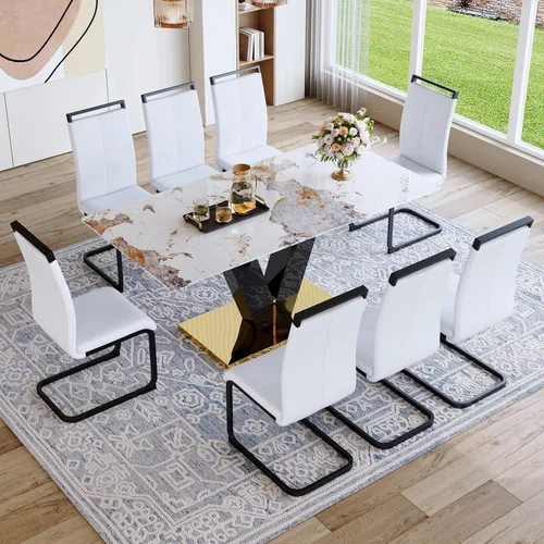 Miniatura 22 de Juego de mesa de comedor de 71 pulgadas para 6, moderno juego de mesa de comedor para 6, mesa de comedor de mármol con 6 sillas de comedor de piel