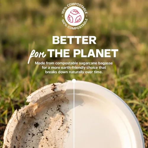 Miniatura 3 de GUSTO Platos de papel de caña de azúcar 100% compostables, resistentes, ecológicos, biodegradables, blancos, 9 pulgadas, caja de 500