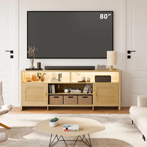 Miniatura 8 de Soporte de TV para TV de 70 pulgadas, centro de entretenimiento de 63 pulgadas con luz LED, tomacorriente, soporte de TV de ratán con estantes