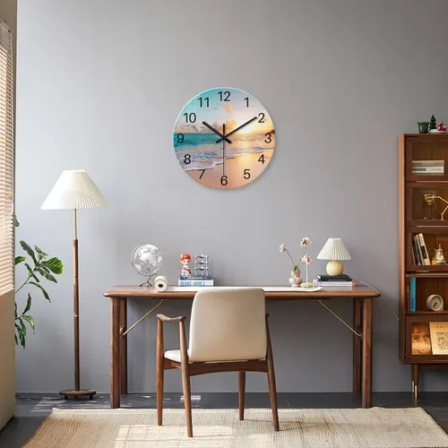 Miniatura 3 de Reloj de pared de playa con pilas, reloj de pared de vidrio de 12 pulgadas, analógico, sin tictac, relojes de pared azules para dormitorio, sala