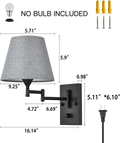 Miniatura 5 de Pauwer Juego de 2 apliques de pared enchufables con brazo oscilante con cable de enchufe y pantalla de tela gris, accesorios de pared para pasillo