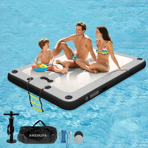 Miniatura 16 de AWEMUFA Muelle flotante inflable con rampa de 5 pies/6 pies/8 pies/10 pies, plataforma flotante flotante, tapete flotante de isla flotante, flotador