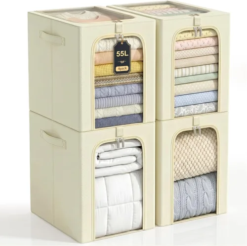 Miniatura 15 de GoMaihe Clothes Storage Bins with Metal Frame, 40L Sweater Storage Boxes for Above Shelf Closet, 4 Pack Stackable Clothing Storage Organizer with