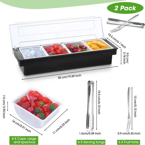Miniatura 2 de Bandeja de condimentos de 2 piezas con tapa y servidor de condimentos refrigerado extraíble con 6 pinzas y 6 tenedores para servir barman ensalada