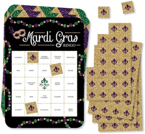 Big Dot of Happiness Mardi Gras - Tarjetas de bingo y marcadores de bar - Juego de bingo para fiesta de máscaras, juego de 18