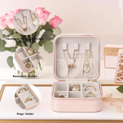 Miniatura 52 de Organizador de joyas Vlando para almacenaje y exhibición, joyero para viaje, imitación de piel, para anillos, aretes, collares.