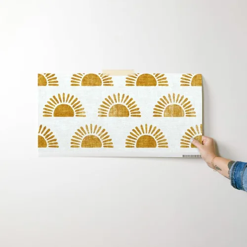 Miniatura 7 de Papel tapiz autoadhesivo para despegar y pegar, estampado de bloques bohemios, sol sol en naranja dorado, papel tapiz extraíble personalizado por
