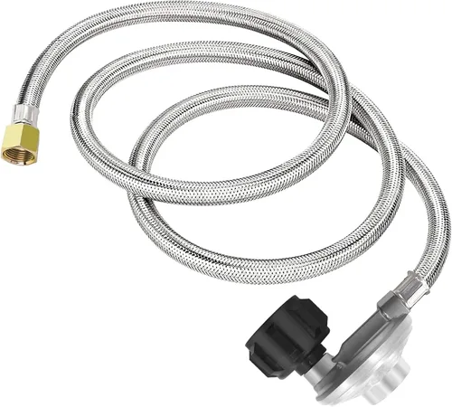 Miniatura 6 de Regulador de propano y manguera para piezas de repuesto universales de regulador de parrilla, manguera trenzada de acero inoxidable de 4 pies