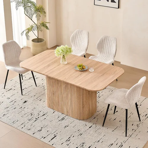 Miniatura 22 de Juego de 4 mesas de comedor grandes de 63 pulgadas para 4, esquinas redondeadas, mesa de cocina rectangular moderna de madera con sillas Boucle