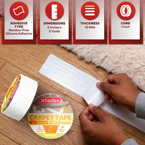 Miniatura 3 de XFasten Cinta de alfombra de doble cara - Cinta adhesiva resistente de 2” x 5 yardas, Cinta adhesiva de 1” de núcleo para alfombras de área sobre