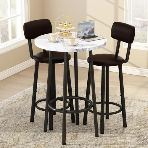 Miniatura 7 de Juego de mesa de comedor, mesa redonda de mármol sintético de 23.6 pulgadas con 2 sillas de respaldo tapizadas de poliuretano, juego de cocina