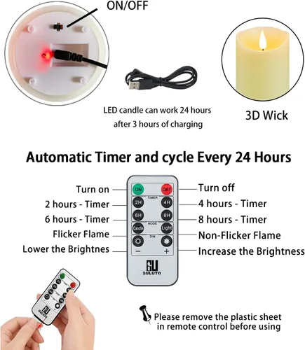 Miniatura 2 de Velas parpadeantes sin llama con batería recargable, velas electrónicas con control remoto y temporizador, velas de pilar LED con mecha de cera