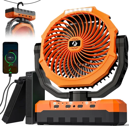 Miniatura 8 de Ventilador de campamento 3 en 1 – Ventilador portátil desmontable de 36000 mAh recargable con luz y gancho, ventiladores a batería para exteriores
