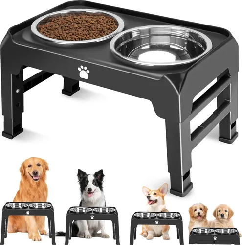 Miniatura 12 de Soporte elevado para cuenco para perros con 2 cuencos de acero inoxidable, altura ajustable para perros medianos y grandes, comedero plegable de Gris