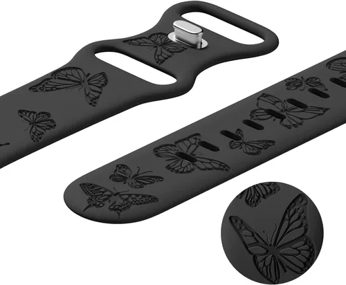 Miniatura 4 de Bandas con grabado de mariposa compatibles con Apple Watch de 41mm 40mm 38mm 49mm 46mm 49mm 46mm 45mm 44mm 42mm, mujeres, correa deportiva de Negro