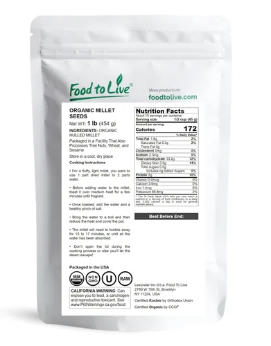 Miniatura 2 de Food to Live Mijo de cáscara orgánica, 1 libra, semillas de grano entero, sin OMG, Kosher, crudo, a granel, producto de los Estados Unidos