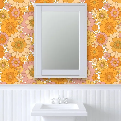 Miniatura 9 de Spoonflower Papel tapiz autoadhesivo de 12 x 2 pies, papel tapiz retro floral blanco vintage de los años 70 Flower Power extraíble