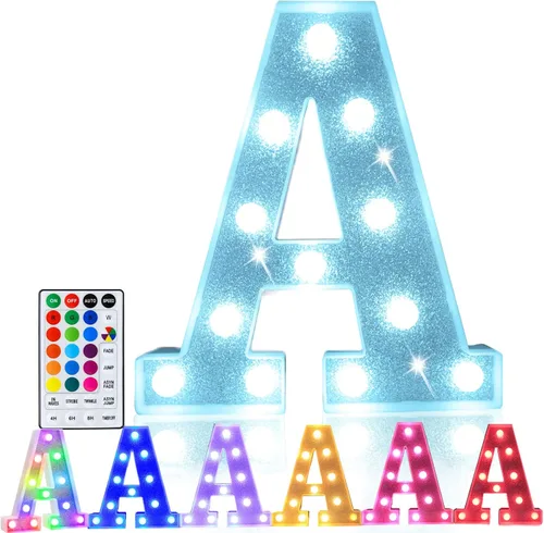 Pooqla Letras iluminadas coloridas, letrero de marquesina LED que funciona con pilas, lámpara de 18 colores con control remoto para fiesta de