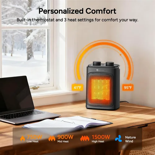 Miniatura 4 de DR.PREPARE Calentador de espacio pequeño de 1500 W para uso en interiores, calentador eléctrico de cerámica PTC portátil con termostato, protección