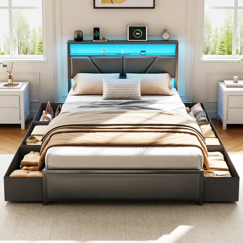 Miniatura 5 de OURPIC Full Size Bed Frame, 2-Tier Storage Headboard & 6 Fabric Drawers, PU Leather Upholstered Platform Bed Frame Full with Charging Station and