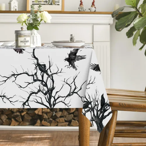 Miniatura 4 de Horaldaily Mantel rectangular de Halloween de 52 x 70 pulgadas, diseño de cuervo, lavable, para fiesta, picnic, cena, decoración