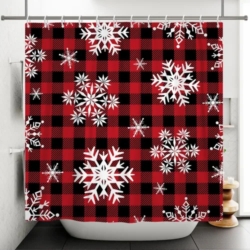 Miniatura 4 de Cortina de ducha con diseño de copo de nieve, rojo, negro, búfalo a cuadros, Navidad, blanco, nieve, invierno, decoración de baño, retro, rústico