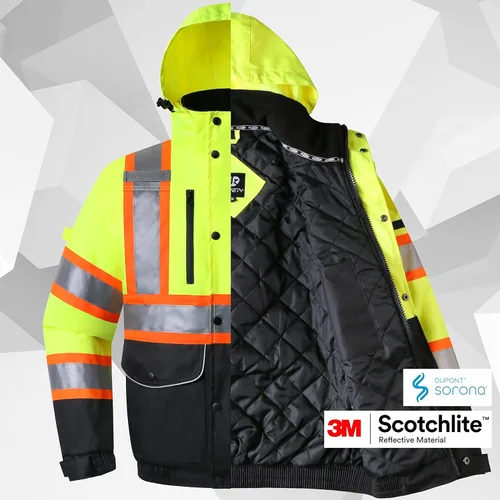 Miniatura 4 de JKSafety Chaqueta bomber de invierno reflectante 3M impermeable de alta visibilidad con 10 bolsillos Parte inferior amarillo neón negro Bolsillo